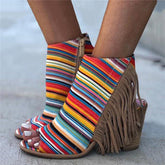 Peep Toe Chunky Heel Zipper Stripe Sandals Oshnow